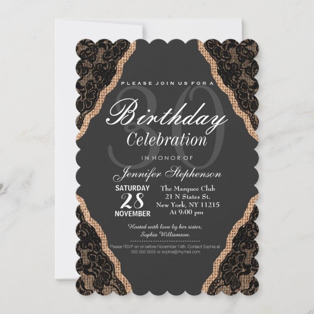 Elegantes Black Lace auf Burlap Jute Einladung (Vorderseite)