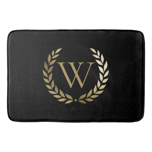 Elegantes Black Laurel Wreath Monogramm Badematte (Vorderseite)