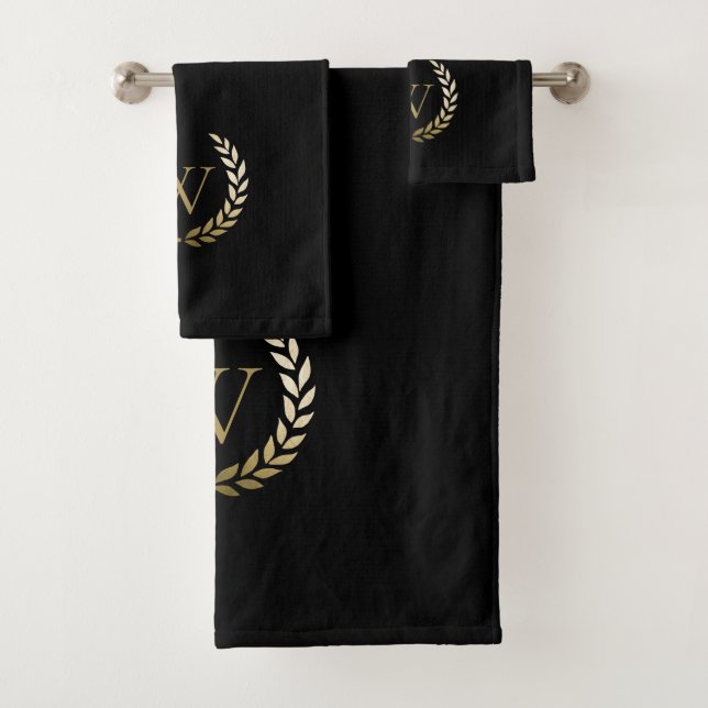 Elegantes Black Laurel Wreath Monogramm Badhandtuch Set (Insitu)