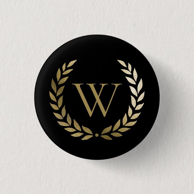 Elegantes Black Laurel Wreath Monogramm Button (Vorderseite)