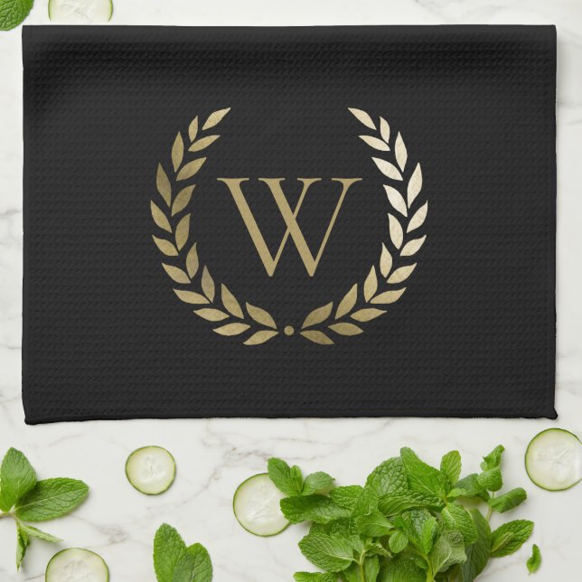 Elegantes Black Laurel Wreath Monogramm Geschirrtuch (Gefaltet)
