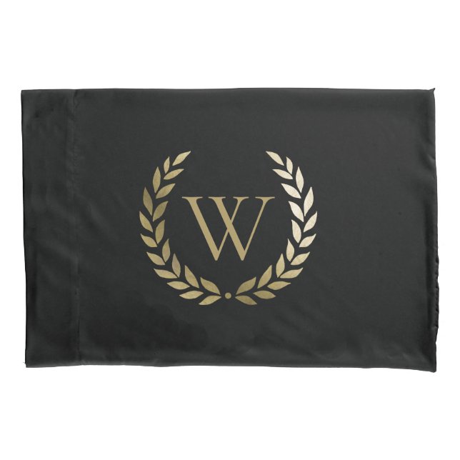 Elegantes Black Laurel Wreath Monogramm Kissenbezug (Vorderseite)
