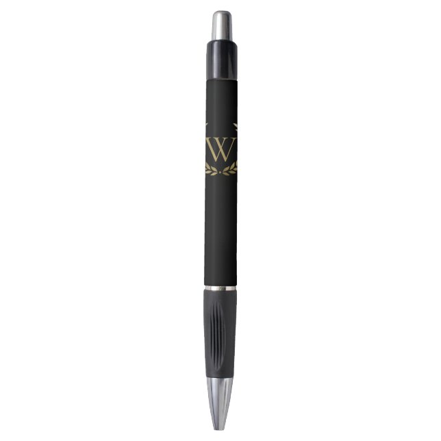 Elegantes Black Laurel Wreath Monogramm Kugelschreiber (Vorderseite Vertikal)