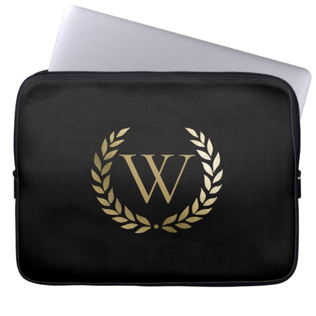 Elegantes Black Laurel Wreath Monogramm Laptopschutzhülle (Vorderseite)