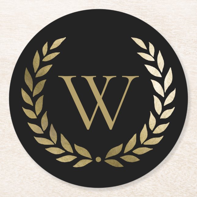 Elegantes Black Laurel Wreath Monogramm Runder Pappuntersetzer (Vorderseite)