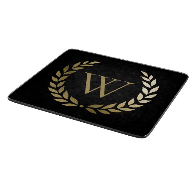 Elegantes Black Laurel Wreath Monogramm Schneidebrett (Ecke)