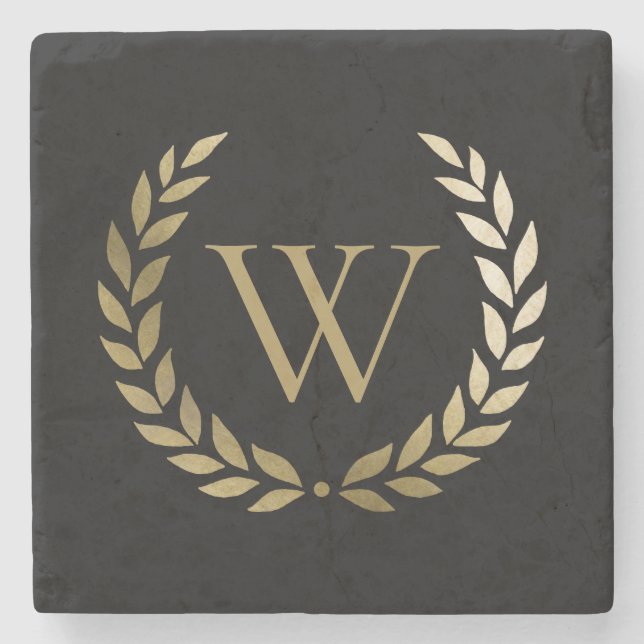 Elegantes Black Laurel Wreath Monogramm Steinuntersetzer (Vorderseite)