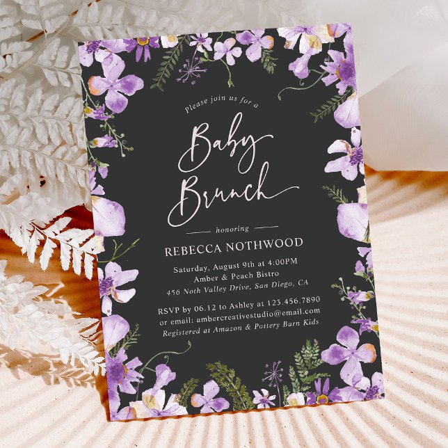 Elegantes Black Lila Floral Garden Baby Brunch Einladung (Von Creator hochgeladen)