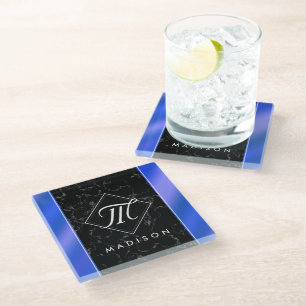 Elegantes Black Marble & Royal Blue Foil Monogramm Glasuntersetzer