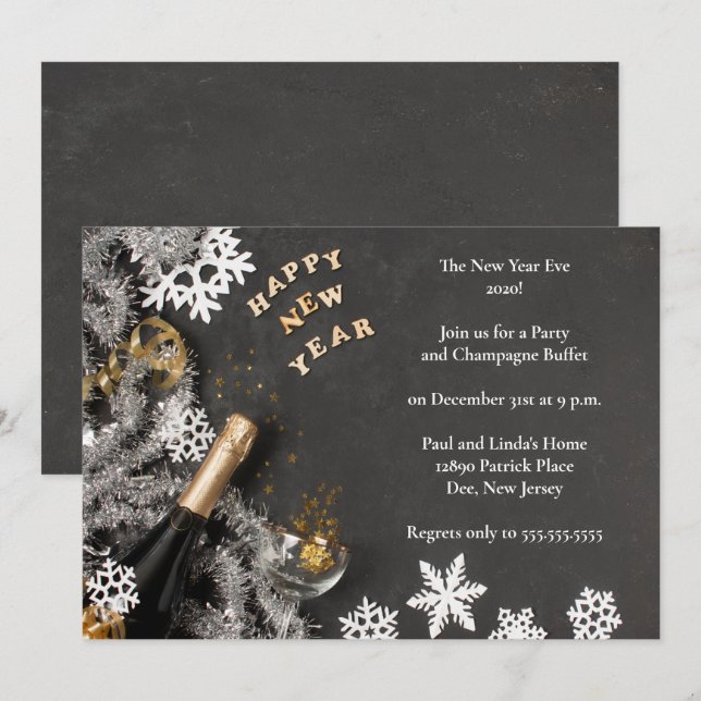 Elegantes Black Matted Silvester Party Einladung (Vorne/Hinten)