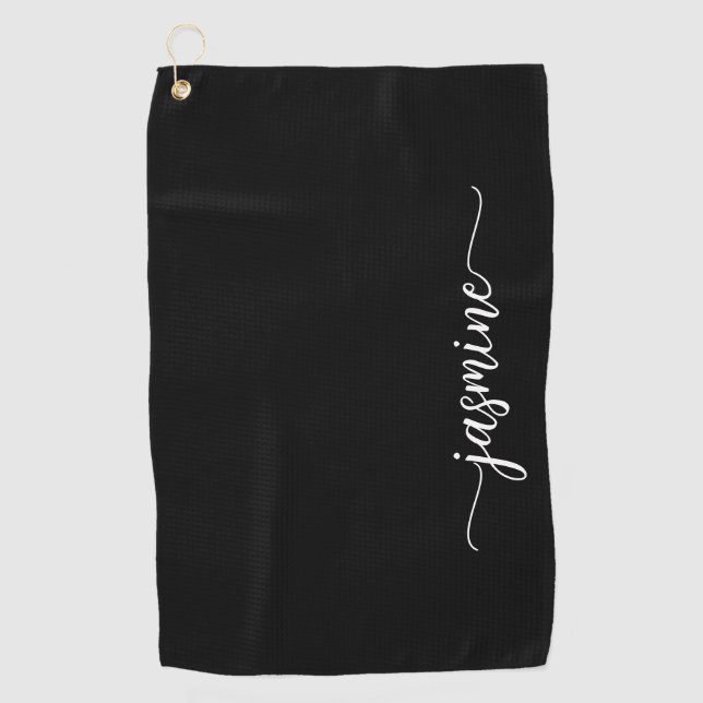 Elegantes Black Minimal Girly Monogram Name Script Golfhandtuch (Vorderseite)