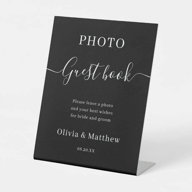 Elegantes Black Minimalistisch Wedding Foto Gästeb Sockelschild (Vorderseite)
