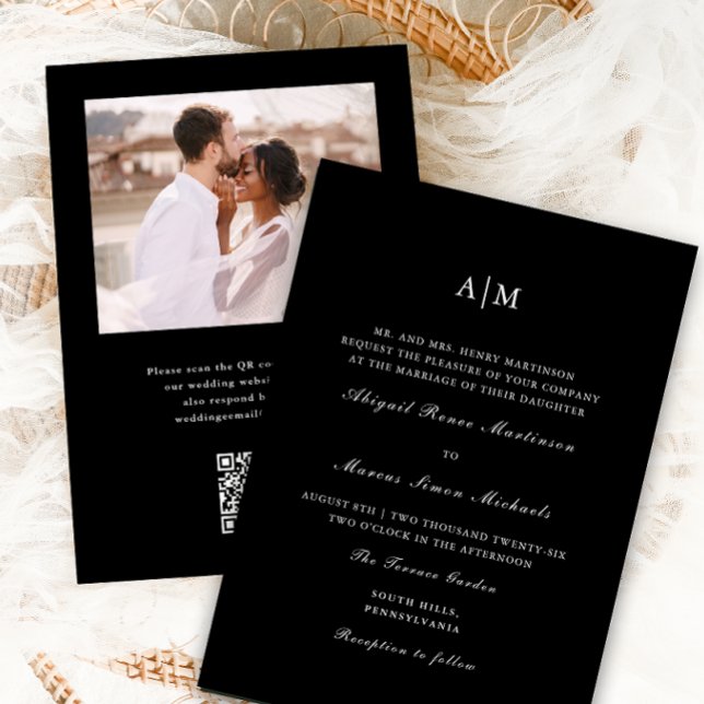 Elegantes Black Monogram QR UAwg Wedding Einladung (Von Creator hochgeladen)