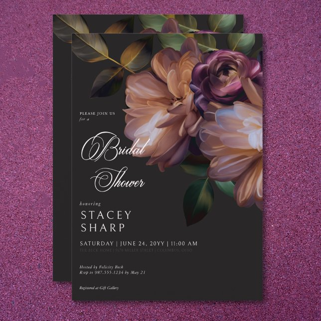 Elegantes Black Moody Floral Brautparty Einladung (Elegant Black Moody Floral Bridal Shower Invitation)