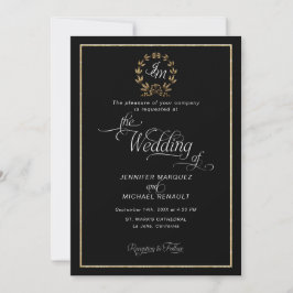 Elegantes Black n Gold Wreath Monogram Foto Weddin Einladung