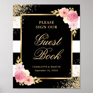 Elegantes Black Pink Floral Wedding Gästebuchzeich Poster