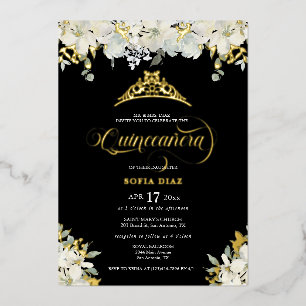 Elegantes Black Quinceañera Floral Gold Folieneinladung