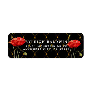 Elegantes Black Red Poppy Rücksendeadresse-Label