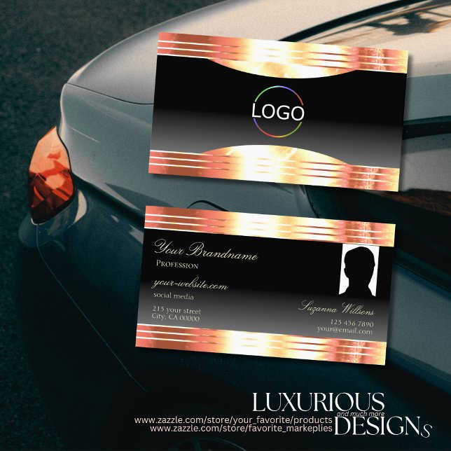 Elegantes Black Rose Gold Borders Logo und Foto Visitenkarte (Von Creator hochgeladen)