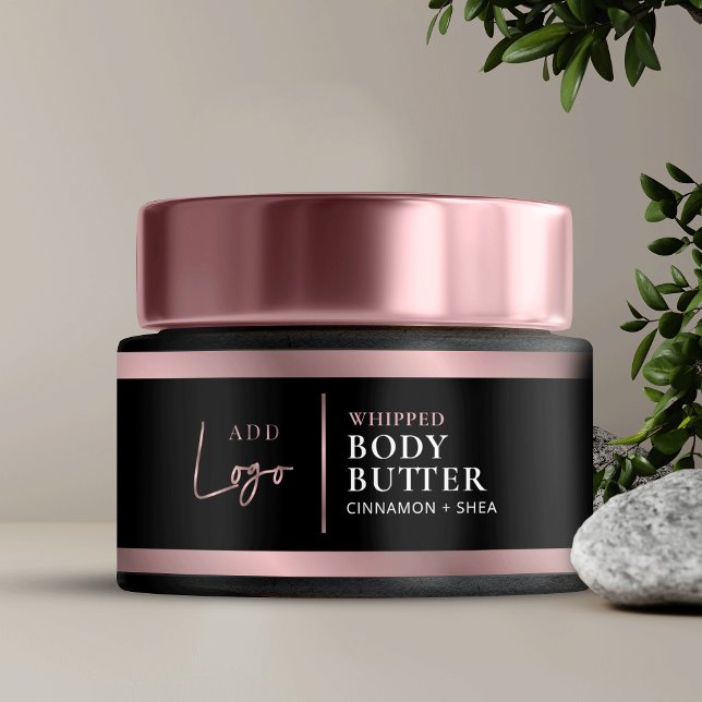 Elegantes Black & Rose Gold Logo Cosmetic Jar Labe (Black and faux rose gold skincare jar packaging labels with space for your logo & product details)