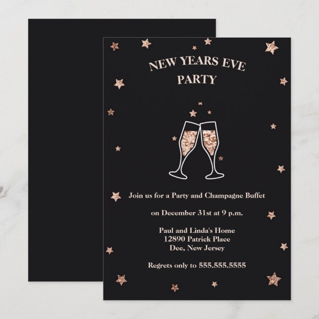 Elegantes Black & Rose Gold Silvester Party Einladung (Vorne/Hinten)