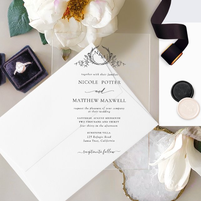 Elegantes Black Royal Crown Wreath Monogramm Acryleinladungen (Von Creator hochgeladen)