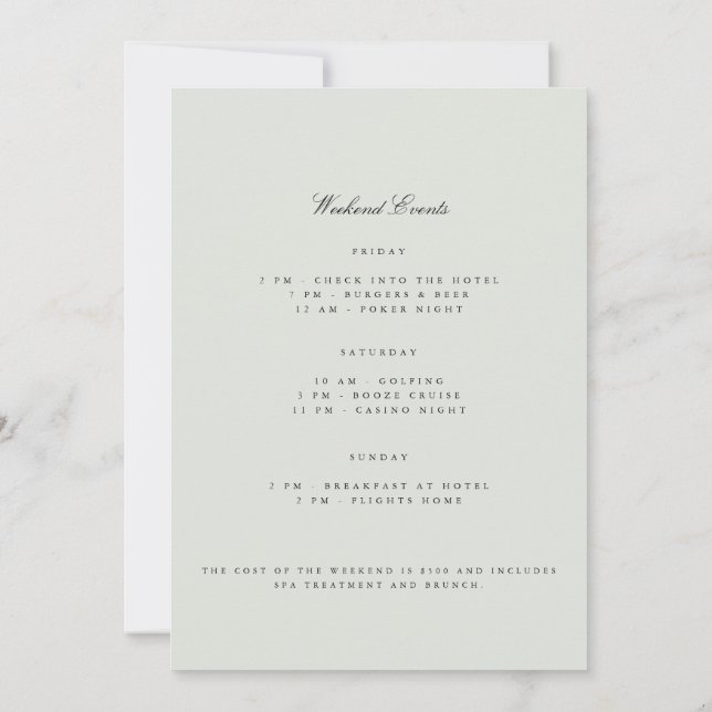 Elegantes Black & Sage Bachelor Wochenende Einladu Einladung (Rückseite)