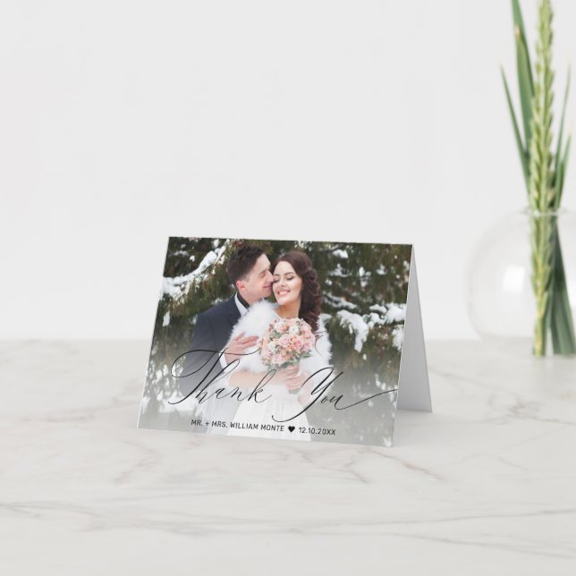 Elegantes Black Script Calligrafy Foto Hochzeit Dankeskarte (Vorderseite)