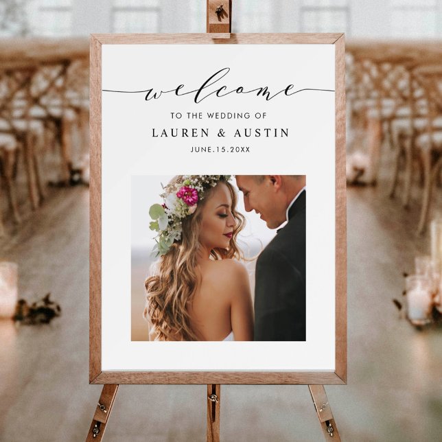 Elegantes Black Script Foto Wedding Welcome Sign Poster (Von Creator hochgeladen)