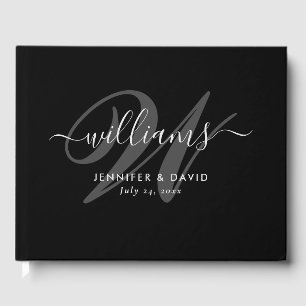 Elegantes Black Script Monogram Wedding Guest Book Gästebuch