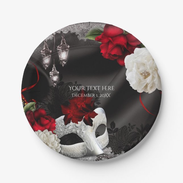Elegantes Black Silk Floral & Lace Masquerade Part Pappteller (Vorderseite)