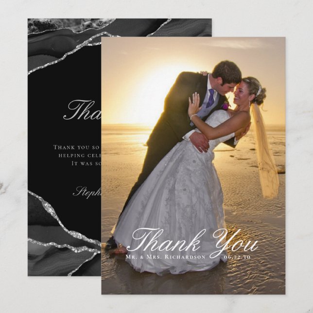 Elegantes Black Silver Foil Agate Wedding Foto Dankeskarte (Vorne/Hinten)