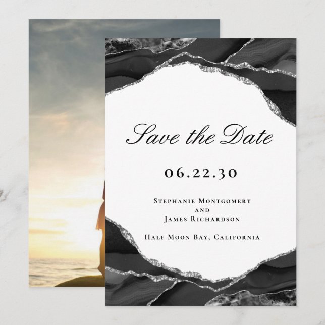Elegantes Black Silver Foil Agate Wedding Foto Save The Date (Vorne/Hinten)
