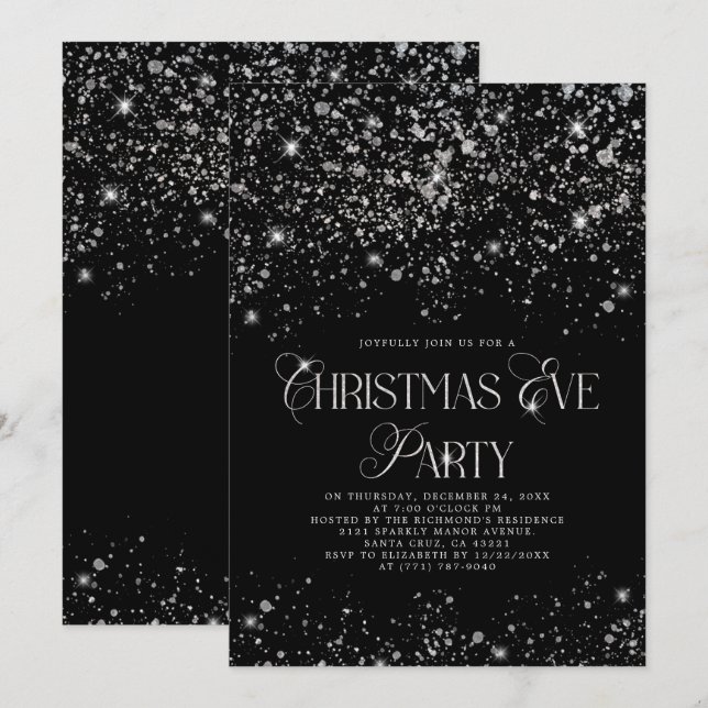 Elegantes Black Silver Glitzer Weihnachts-Party Einladung (Vorne/Hinten)