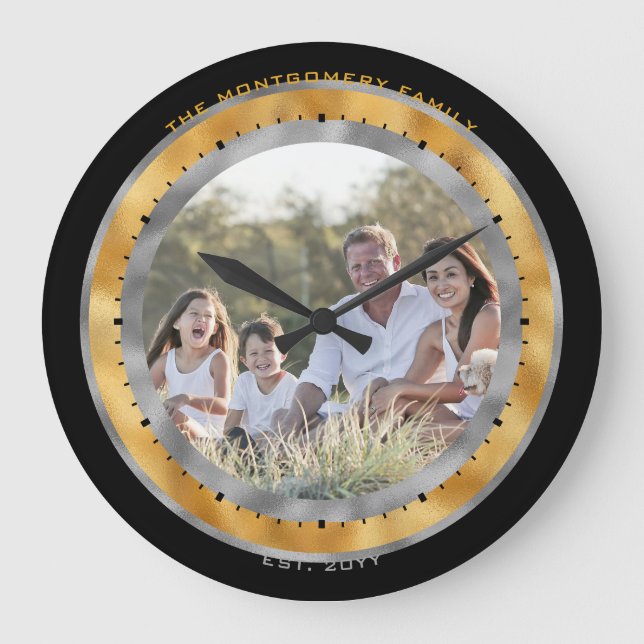 Elegantes Black Silver Gold Foil Individuelle Name Große Wanduhr (Vorderseite)