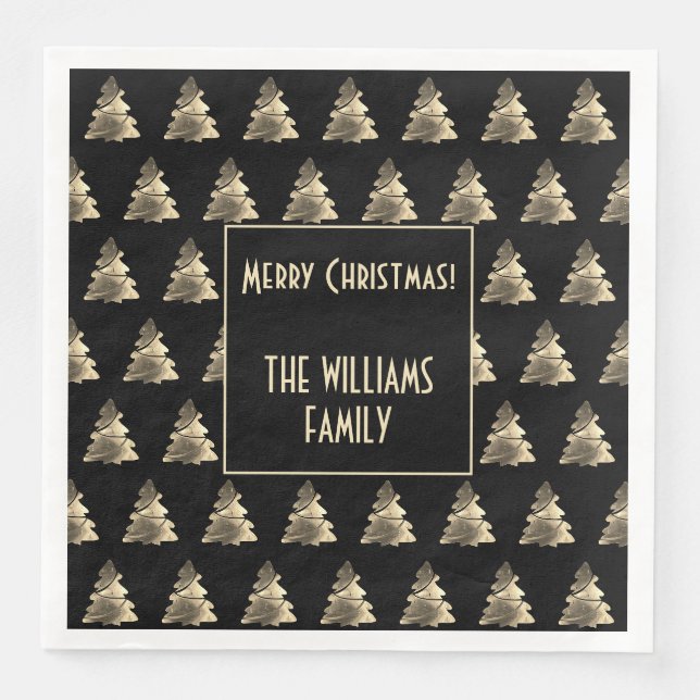 Elegantes Black Silver Gold Weihnachtsbaum Muster Serviette (Vorderseite)