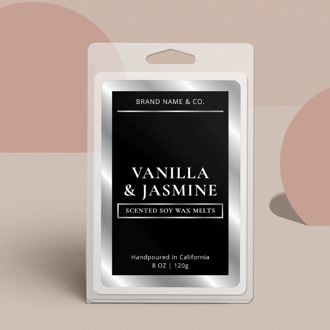 Elegantes Black & Silver Packaging Wax Melts Label Lebensmitteletikett (Modern vertical product label in black and silver perfect for wax melts, candles and more)
