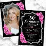 Elegantes Black Silver Pink Foto 50. Geburtstag Einladung<br><div class="desc">Elegante florale Einladung zum 50. Geburtstag mit Ihrem Foto auf der Kartenrückseite. Glam Schwarz und Rosa Design mit Imitaten Glitzer Silber. Enthält rosa Rosen, Skript-Schriftart und Konfetti. Ideal für ein stilvolles Party für Erwachsene. Personalisieren Sie Ihre persönlichen Daten. Kann für jedes Alter angepasst werden! Gedruckte Zazzle Einladungen oder Sofortdownload digitalen...</div>