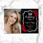 Elegantes Black Silver Red Foto 50. Geburtstag Einladung<br><div class="desc">Elegante Blumenladen zum 50. Geburtstag mit Ihrem Foto. Glam schwarz rotes Design mit Imitaten Glitzer Silber. Enthält rote Rosen,  Skript-Schriftart und Konfetti. Ideal für ein stilvolles Party für Erwachsene. Personalisieren Sie Ihre persönlichen Daten. Kann für jedes Alter angepasst werden! Gedruckte Zazzle Einladungen oder Sofortdownload digitalen druckbaren Vorlage.</div>