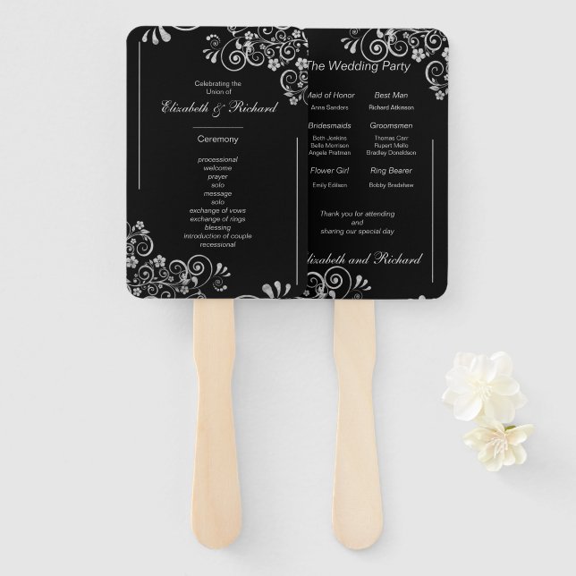 Elegantes Black Silver Wedding Zeremony Program Fächer (Vorne und Hinten)