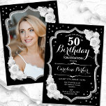 Elegantes Black Silver White Foto 50. Geburtstag Einladung<br><div class="desc">Elegante florale Einladung zum 50. Geburtstag mit Ihrem Foto auf der Kartenrückseite. Glam Schwarz-Weiß-Design mit Imitaten Glitzer Silber. Enthält weiße Rosen,  Skript-Schriftart und Konfetti. Ideal für ein stilvolles Party für Erwachsene. Personalisieren Sie Ihre persönlichen Daten. Kann für jedes Alter angepasst werden! Gedruckte Zazzle Einladungen oder Sofortdownload digitalen druckbaren Vorlage.</div>