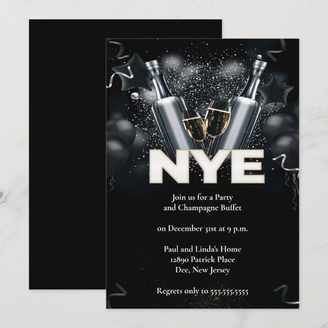 Elegantes Black Silvester Party Einladung (Vorne/Hinten)