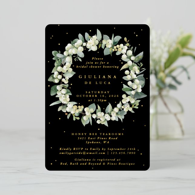 Elegantes Black Snowberry+Eukalyptus Brautparty Folieneinladung (Stehend vorne)