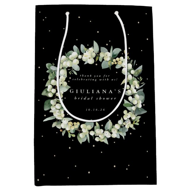 Elegantes Black Snowberry+Eukalyptus Brautparty Mittlere Geschenktüte (Vorderseite)