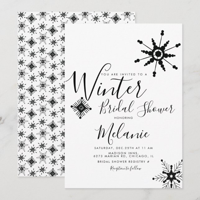Elegantes Black Snowflake Weihnachts-Brautparty Einladung (Vorne/Hinten)