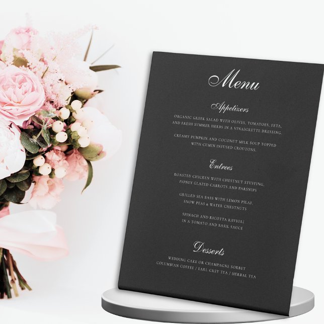 Elegantes Black Three Courses Wedding Menu Sockelschild (Von Creator hochgeladen)