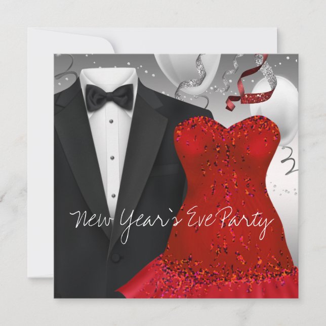 Elegantes Black Tuxedo Rotes Dress Party Einladung (Vorderseite)