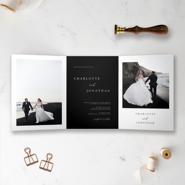 Elegantes Black Wedding Foto Dreifach Gefaltete Einladung (Von Creator hochgeladen)