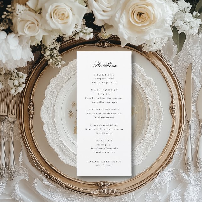 Elegantes Black Wedding Menu & Empfang Vielen Dank Menükarte (This elegant wedding reception menu features your a luxurious script font.)