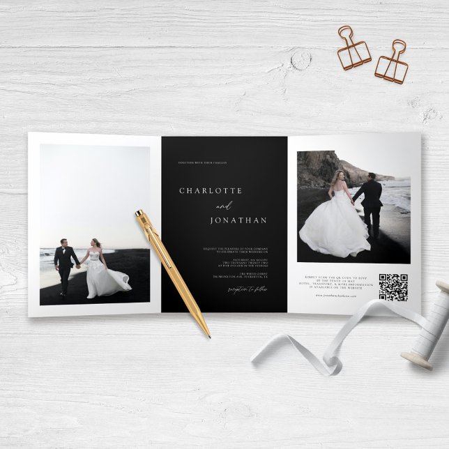 Elegantes Black Wedding RSVP Details QR Code Foto Dreifach Gefaltete Einladung (Von Creator hochgeladen)